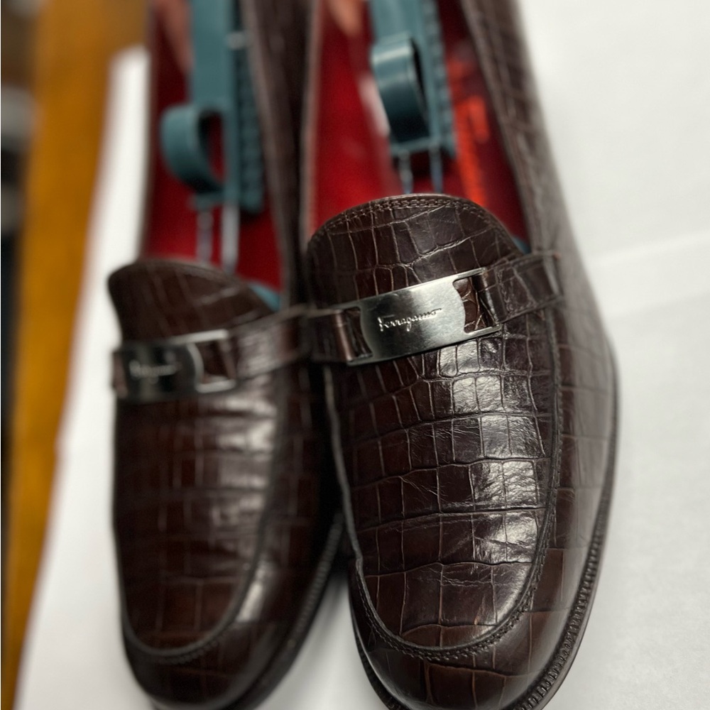 Salvatore Ferragamo Brown Crocodile-Embossed Loafers